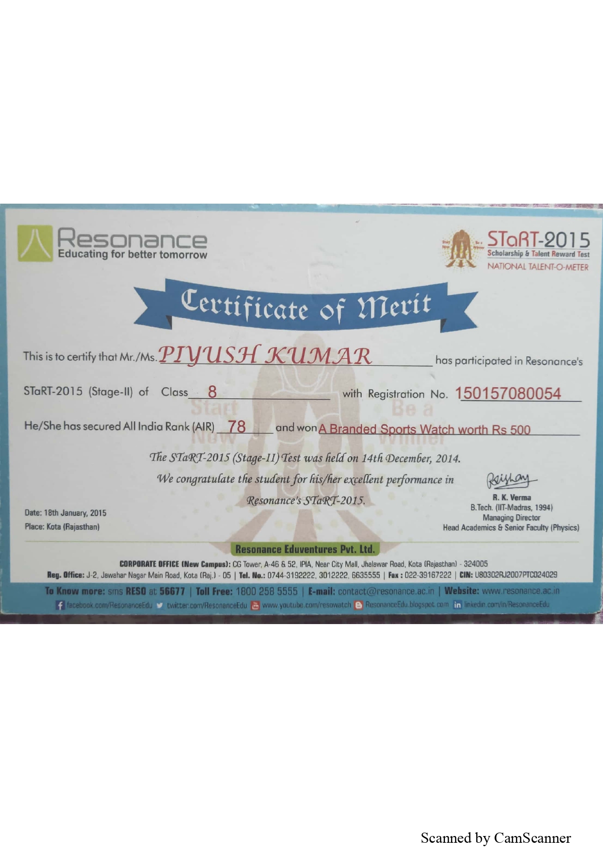 Resonance's STaRT certificate, Class 8th